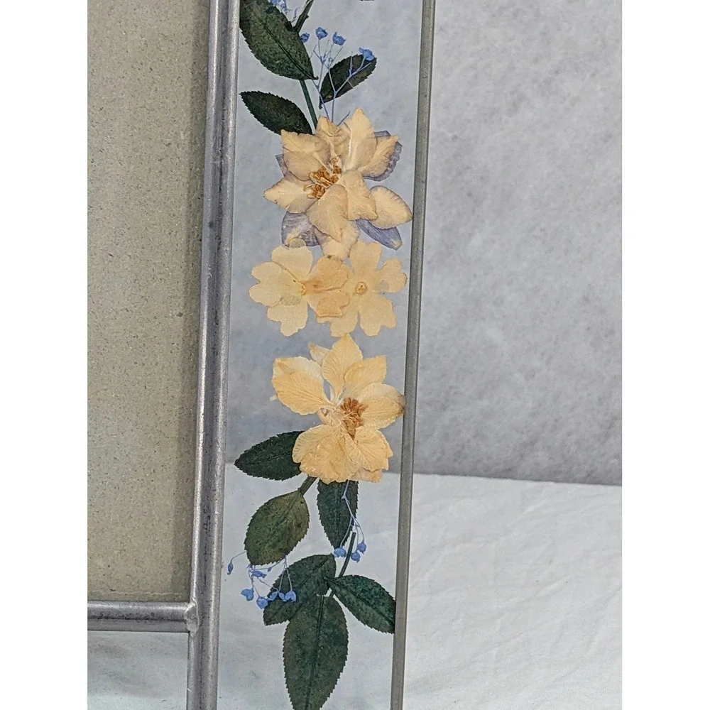 Pressed Flower Glass Picture Frame Silver Yellow Floral Cottagecore 7.75x7